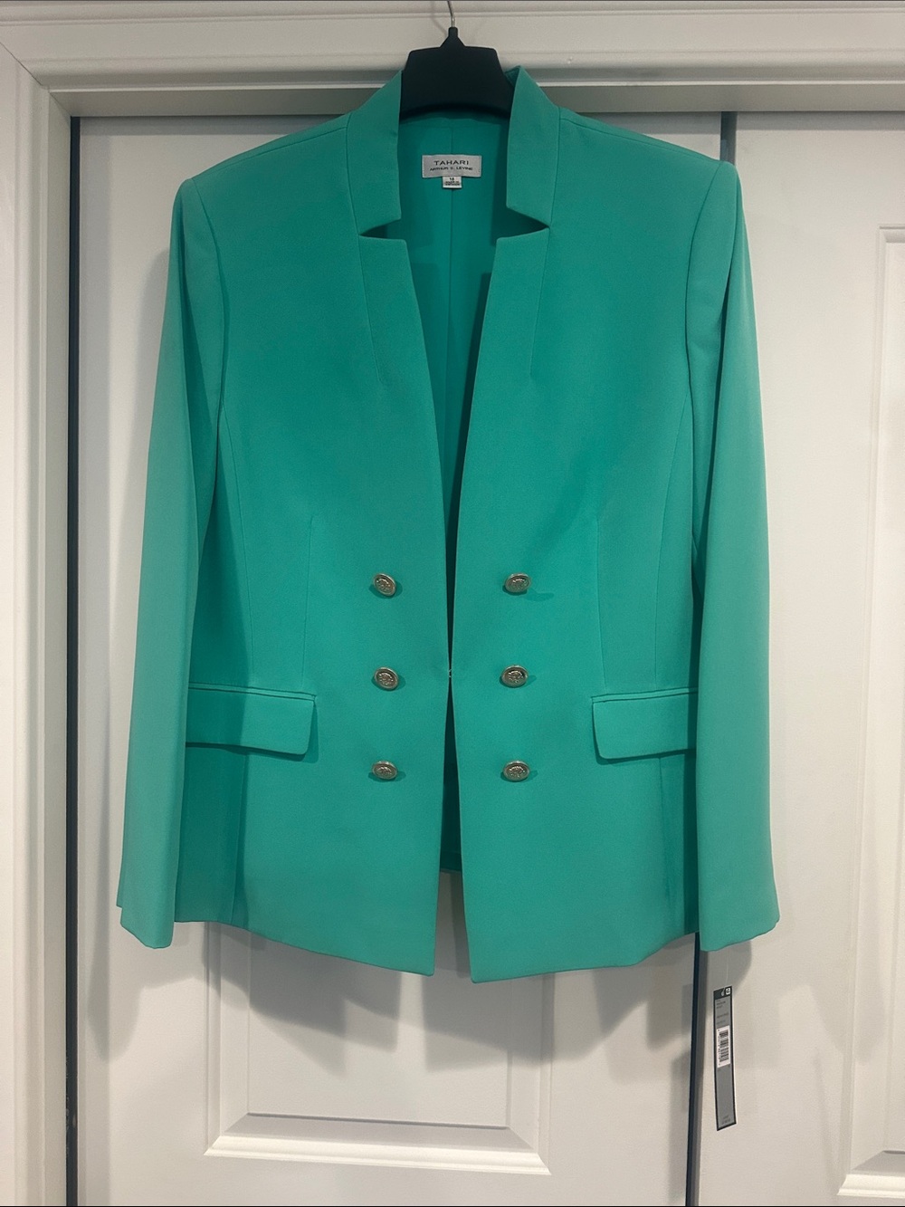 Tahari ASL Teal Double-Breasted Blazer with Gold Buttons